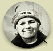 A faux Grace Paley political button with "Hell No" written on her hat