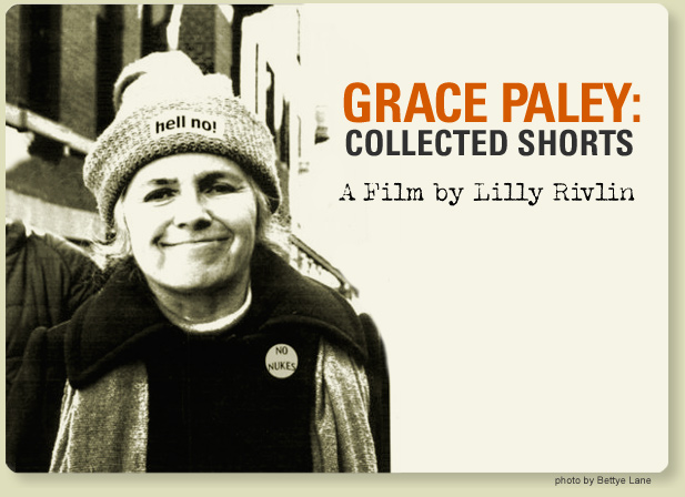 Photo of Grace Paley in New York City wearing a hat with Hell No label